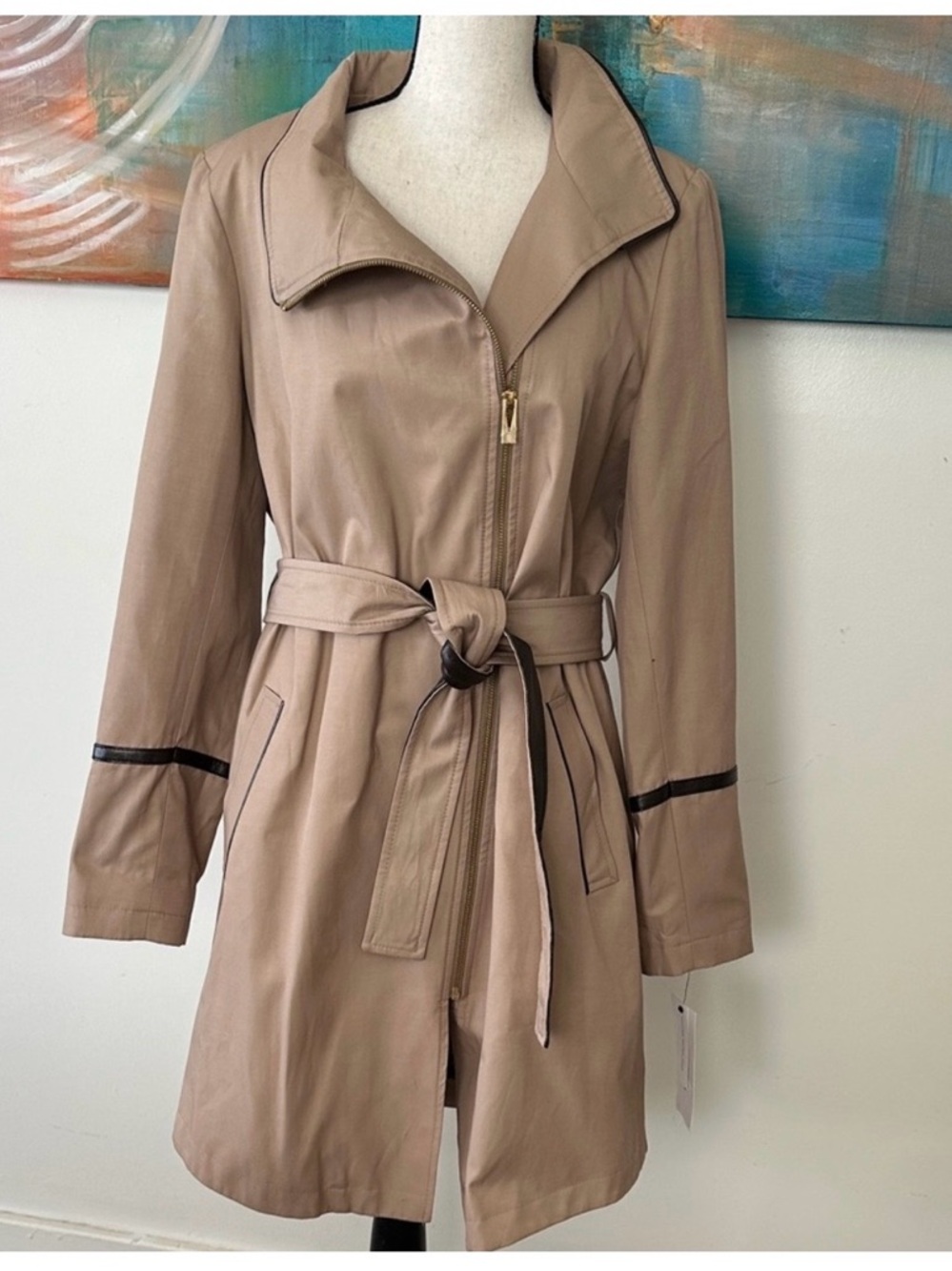Via Spiga NWT Tan Trench Rain Coat Lined In Leopard Pockets Tie Zipper M